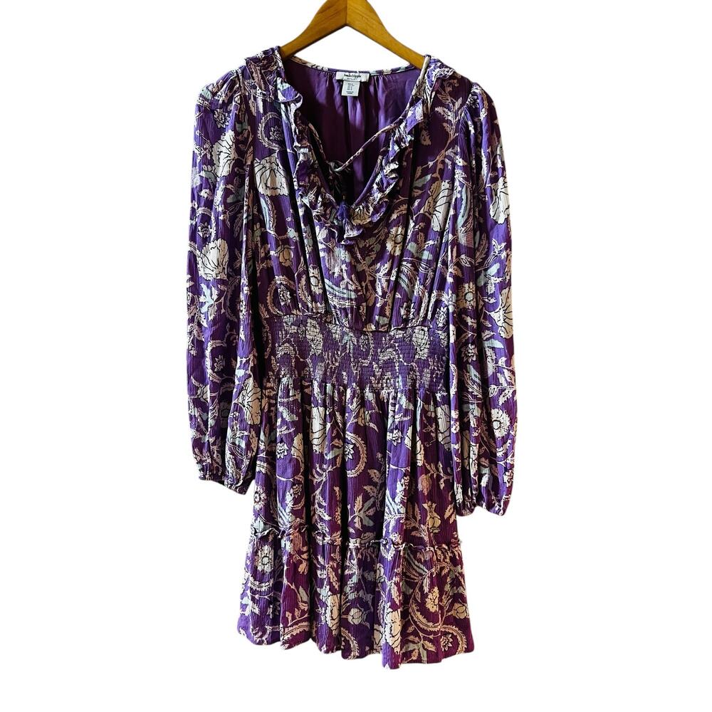 Haute Hippie Floral Long Sleeve Tie Neck Dress Size S Small Purple Multi